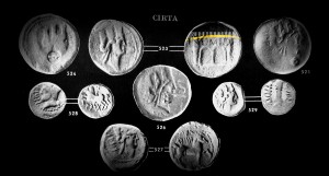 Fig. 3 : Première série du monnayage de la Cirta Autonome, fin du 2e siècle av. J.-C. Comportant la mention de KRTN en caractères néo-puniques (MAZARD, J. 1955 : N°523-529, CATALOGUE : 255) 