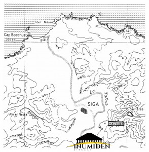 Fig. 4 : Carte de l’emplacement des vestiges de Siga sur la rive occidentale de la Tafna. (Vuillemot, G. 1971, « Siga et son port fluvial » : Fig. 1) 