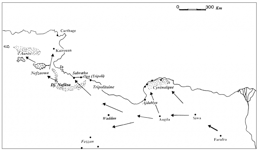 Fig. 1. — La migration des Laguatan/Lawâta dans l’Antiquité tardive selon D. J. Mattingly (reproduction simplifiée de la carte donnée dans Lybian Studies, 14, 1983, p. 102)