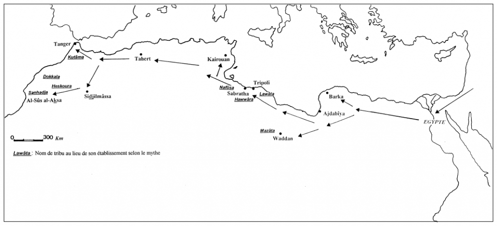 Fig. 2. — La migration des Berbères selon le mythe d’origine rapporté par Ibn Khaldûn et Ibn ‘Abd al-Barr