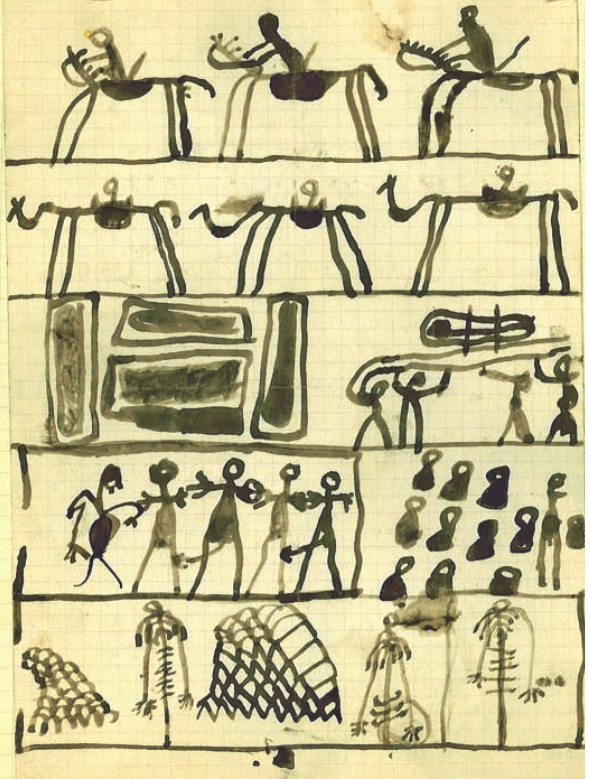 Fig. 11 Dessin d’Abdelbaki Temissa, fraction des Ouled Khallaf, 11 ans. Mulets, chameaux, enterrement, amour, école et récolte de dattes. Fonds Thérèse Rivière, musée du quai Branly. 