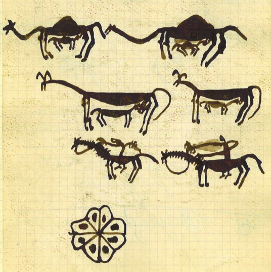 Fig. 4 Chamelles et vaches allaitant leur petit. Mulets et leur cavalier. Rosace. Mohammed Ferkaoui, fraction des Ouled Si Mahmmed, 13 ans. Fonds Thérèse Rivière, musée du quai Branly. 