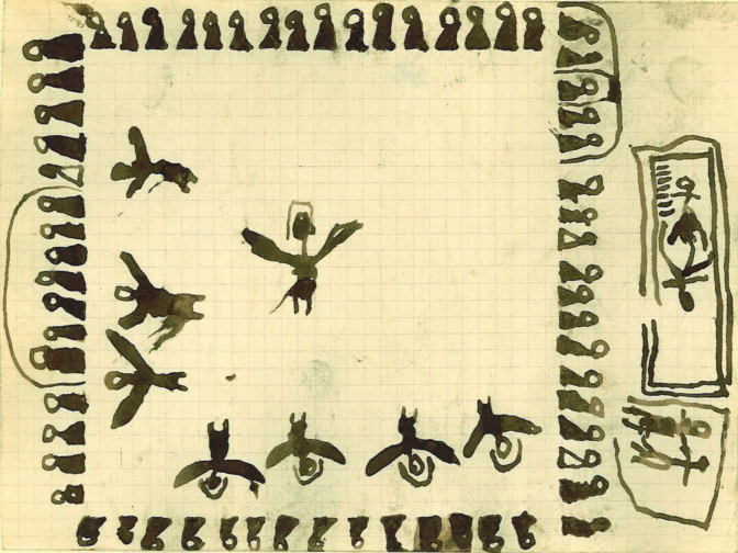 Fig. 6 Mariage. Abdelbaki Temissa, fraction des Ouled Khallaf, 11 ans. Fonds Thérèse Rivière, musée du quai Branly. Au milieu de l’un des côtés du rectangle formé par les hommes assis, la tente abritant les notables. Sur le côté opposé, la tente des danseuses. Au centre, les danseuses, dont une « main, puis l’autre ou les deux en même temps, soulèvent lentement les pans du elhâf, étendus comme l’aile claire ou sombre d’un grand oiseau » (Gaudry 1929 : 271). Recouvrant leur tête, le voile désigné par un arc de cercle (voir ﬁ g.9). Sur un côté, deux maisons. Dans l’une, les mariés accouplés au pied du hiji. 