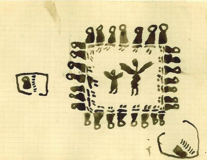 Fig. 7 Deux circoncisions. Abdelbaki Temissa, fraction des Ouled Khallaf, 11 ans. Fonds Thérèse Rivière, musée du quai Branly. Les hommes assis entourent deux danseuses. Chacun chez soi, les jeunes garçons au pied du hiji 