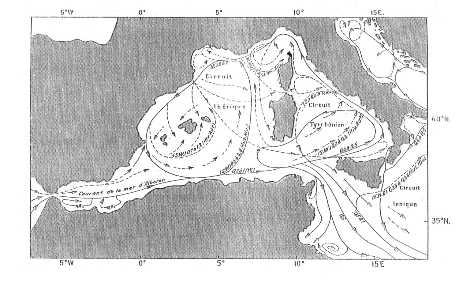 Fig. 1. Les courants en Méditerranée<br /> D’après les Instructions Nautiques, série D(II ) France (côte sud et Corse, Maroc côte nord, Algérie, Tunisie (Texte), Paris, 1958, p. 68, carte n° 11.