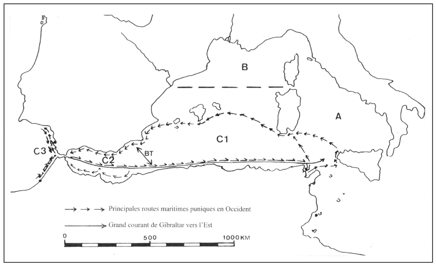 Fig. 2 : Zones d’influence et itinéraires maritimes phénico-puniques en Méditerranée occidentale (Dessin J.-P. Laporte)