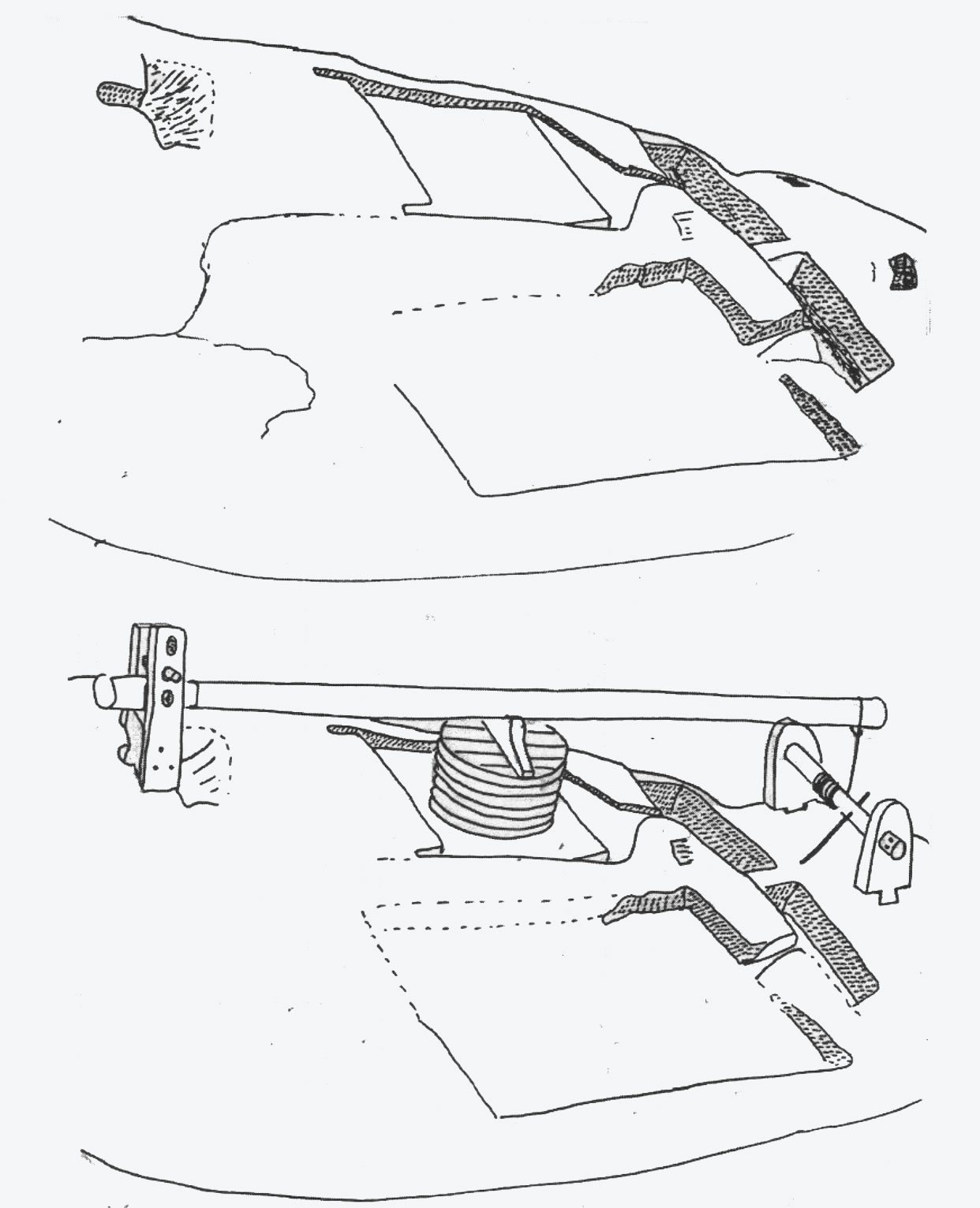 Fig. 1 : Plan et restitution de l’huilerie taillée dans le roc d’El ma Ouguelmine. A. Les vestiges ; B. Restitution de l’appareillage. Dessins J.-P. Laporte