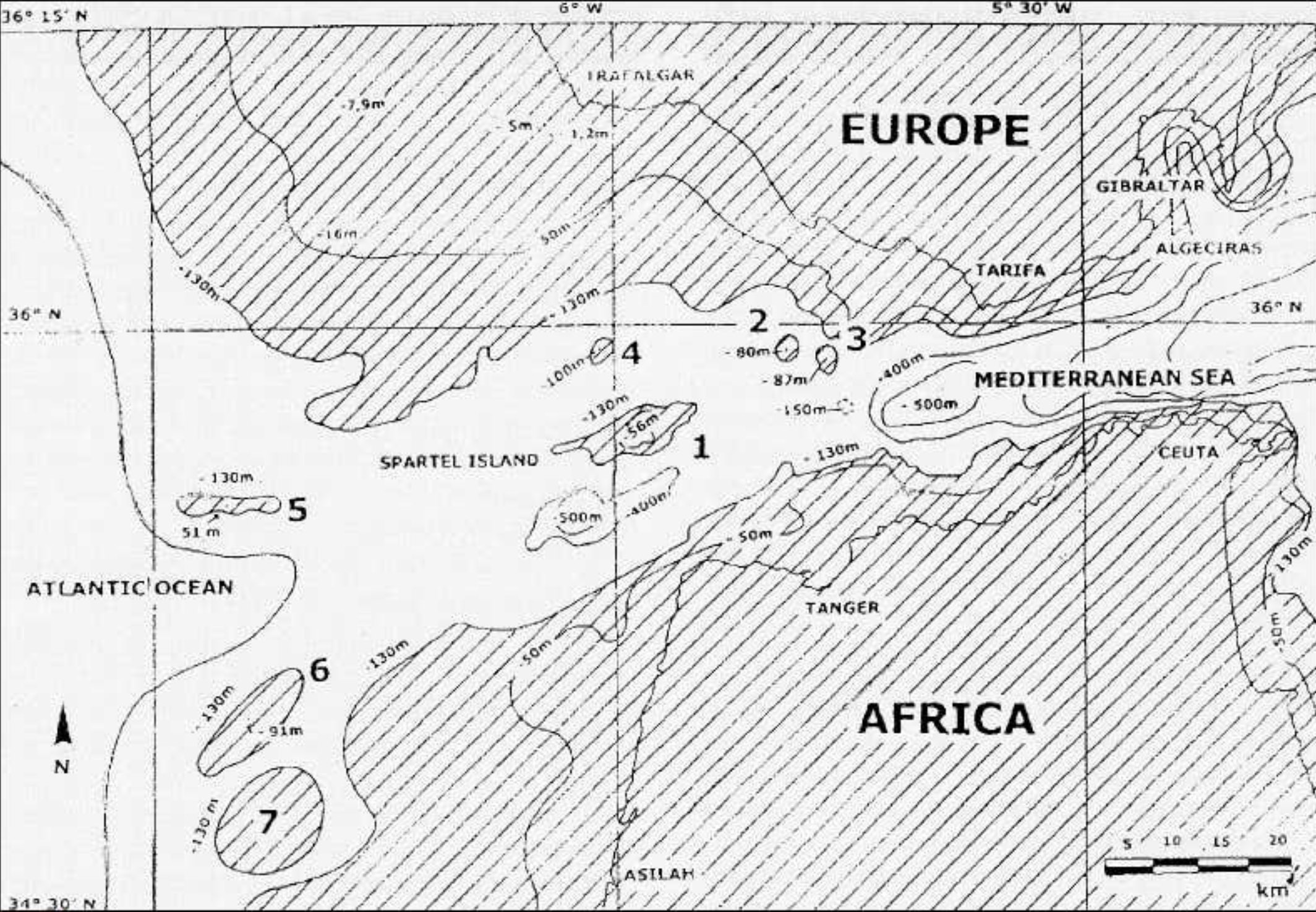 Figure 1. Le détroit de Gibraltar vers 21/19 000 BP (zones émergées en hachurés, dont les îles et îlots numérotés). En 7, l’île submergée en 19000 BP, tandis que Ies2à6 le seront vers 14 000 BP ; les sommets de l’île du Cap-Spartel (1) et de l’île Nord (5) seront engloutis vers 11000 BP. (J. Collina-Girard)